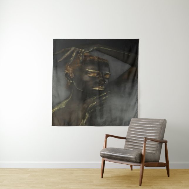 African Art Woman Black and Gold Tapestry (In Situ)