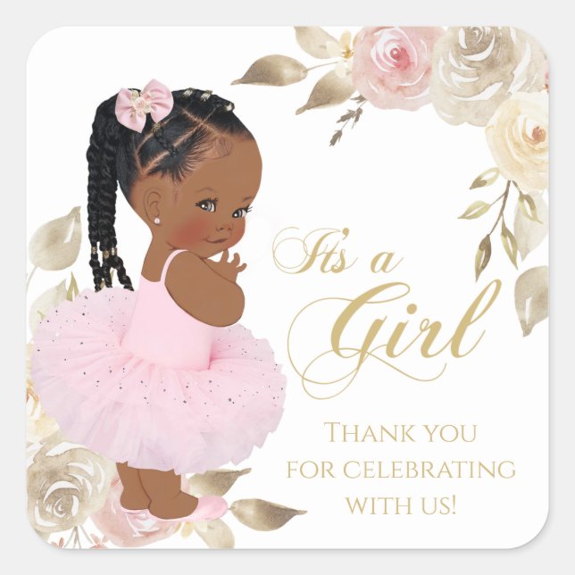 African Ballerina Princess Baby Shower Favour Square Sticker (Front)
