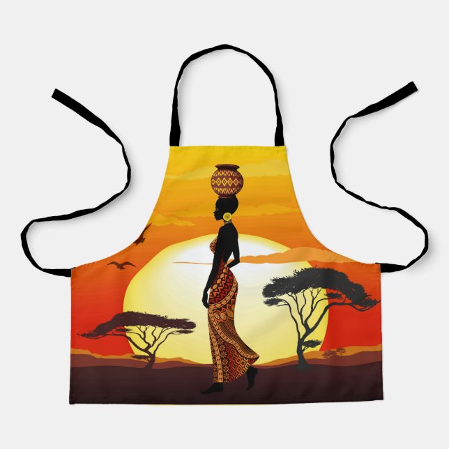 African Beautiful Woman Silhouette on African Suns Apron (Front)