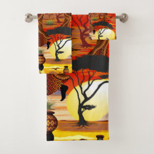 African Beautiful Woman Silhouette on African Suns Bath Towel Set