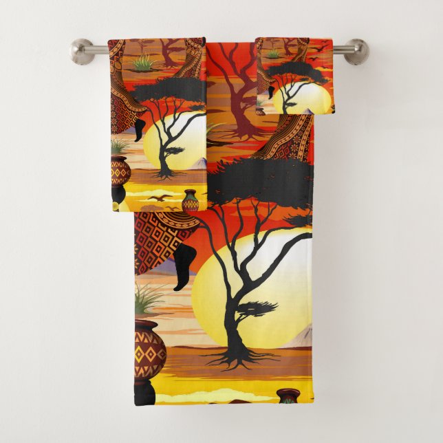 African Beautiful Woman Silhouette on African Suns Bath Towel Set (Insitu)