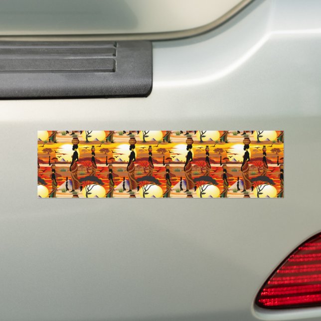 African Beautiful Woman Silhouette on African Suns Bumper Sticker (On Car)