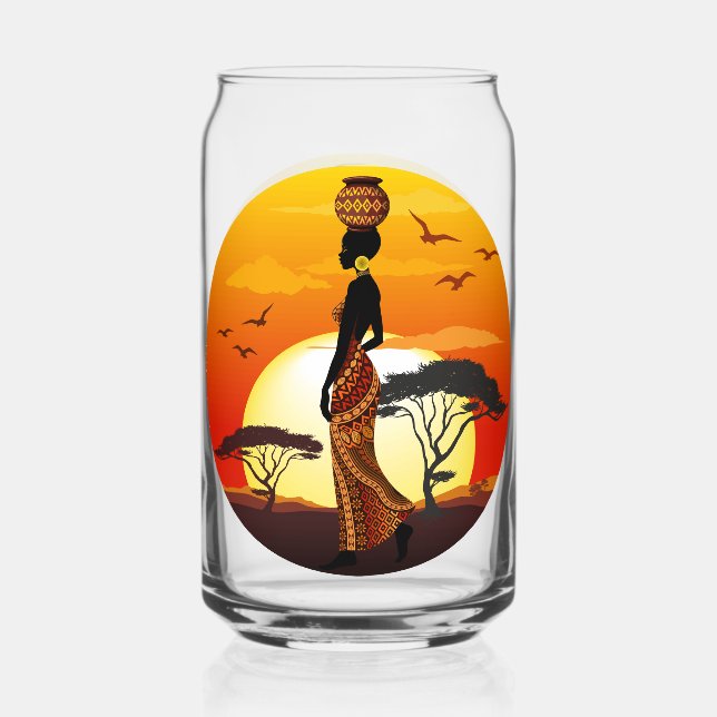 African Beautiful Woman Silhouette on African Suns Can Glass (Front)