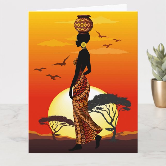 African Beautiful Woman Silhouette on African Suns Card (Small Plant)