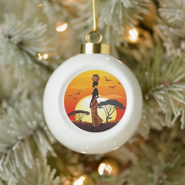 African Beautiful Woman Silhouette on African Suns Ceramic Ball Christmas Ornament (Tree)