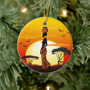African Beautiful Woman Silhouette on African Suns Ceramic Tree Decoration