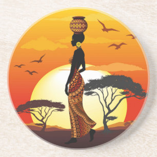 African Beautiful Woman Silhouette on African Suns Coaster