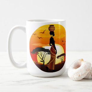 African Beautiful Woman Silhouette on African Suns Coffee Mug