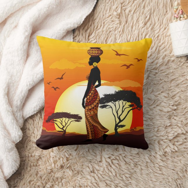 African Beautiful Woman Silhouette on African Suns Cushion (Blanket)
