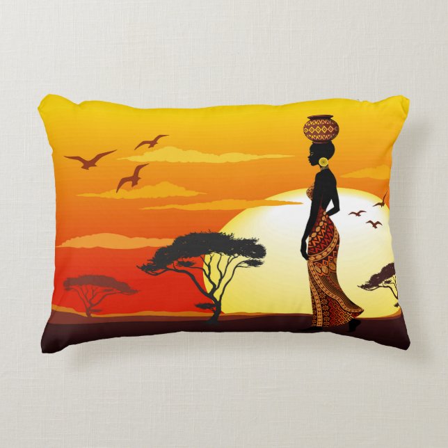 African Beautiful Woman Silhouette on African Suns Decorative Cushion (Front)