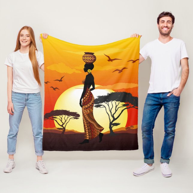 African Beautiful Woman Silhouette on African Suns Fleece Blanket (In Situ)