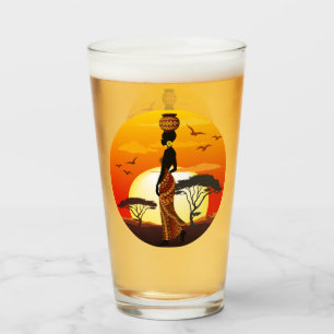 African Beautiful Woman Silhouette on African Suns Glass