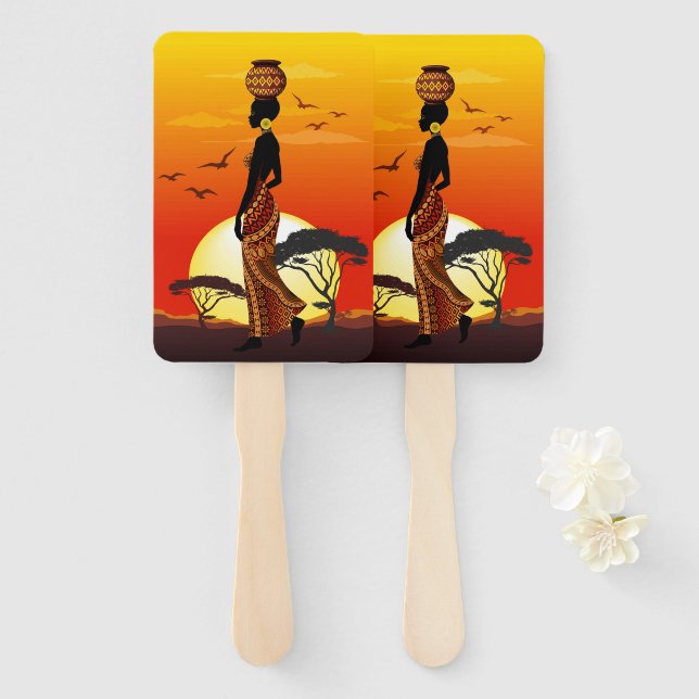 African Beautiful Woman Silhouette on African Suns Hand Fan (Front and Back)