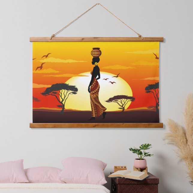 African Beautiful Woman Silhouette on African Suns Hanging Tapestry (Bedroom)