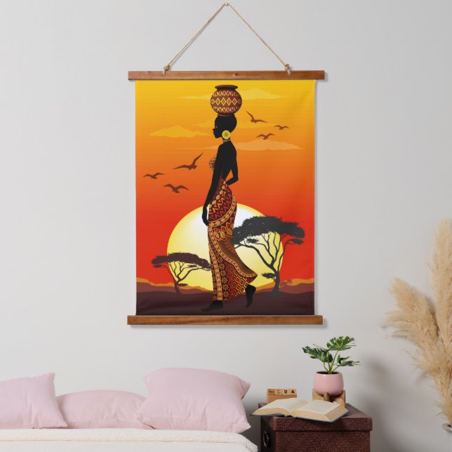 African Beautiful Woman Silhouette on African Suns Hanging Tapestry (Bedroom)