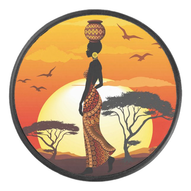 African Beautiful Woman Silhouette on African Suns Hockey Puck (Front)