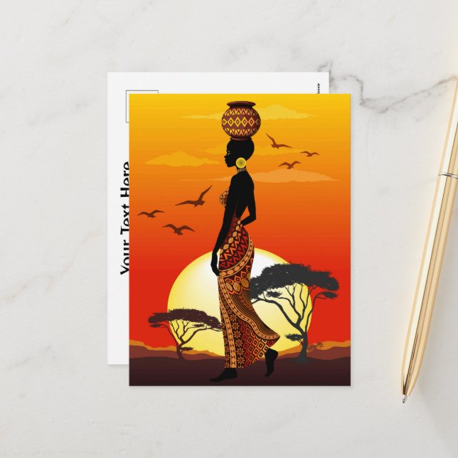 African Beautiful Woman Silhouette on African Suns Holiday Postcard (Front/Back In Situ)