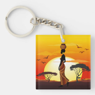 African Beautiful Woman Silhouette on African Suns Key Ring