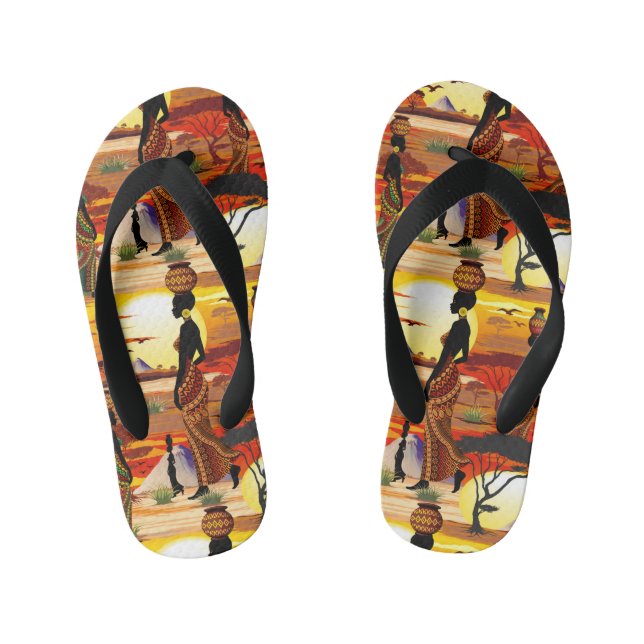 African Beautiful Woman Silhouette on African Suns Kid's Flip Flops (Footbed)