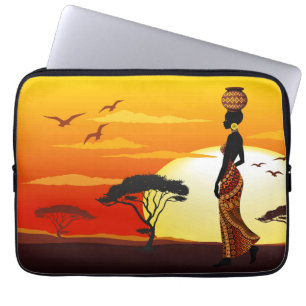 African Beautiful Woman Silhouette on African Suns Laptop Sleeve