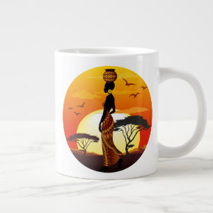 African Beautiful Woman Silhouette on African Suns Large Coffee Mug