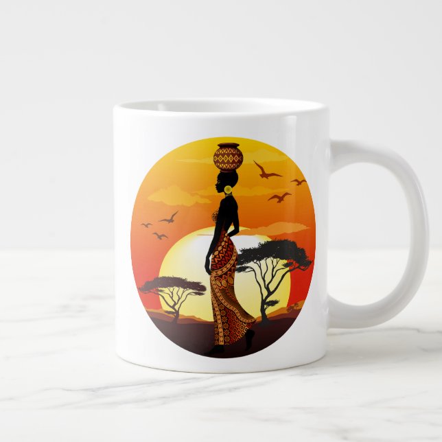 African Beautiful Woman Silhouette on African Suns Large Coffee Mug (Right)