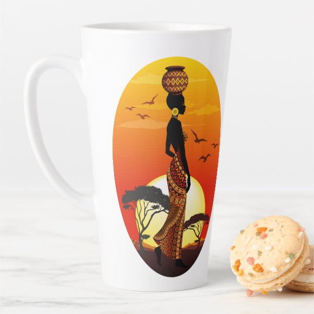 African Beautiful Woman Silhouette on African Suns Latte Mug (In Situ)