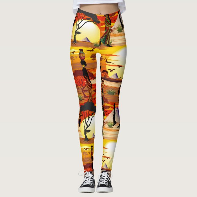 African Beautiful Woman Silhouette on African Suns Leggings (Front)