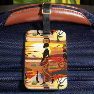 African Beautiful Woman Silhouette on African Suns Luggage Tag