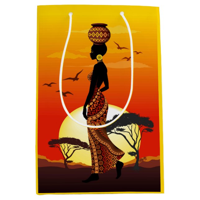 African Beautiful Woman Silhouette on African Suns Medium Gift Bag (Front)