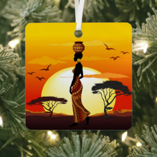 African Beautiful Woman Silhouette on African Suns Metal Tree Decoration