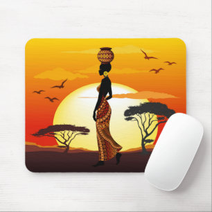 African Beautiful Woman Silhouette on African Suns Mouse Mat