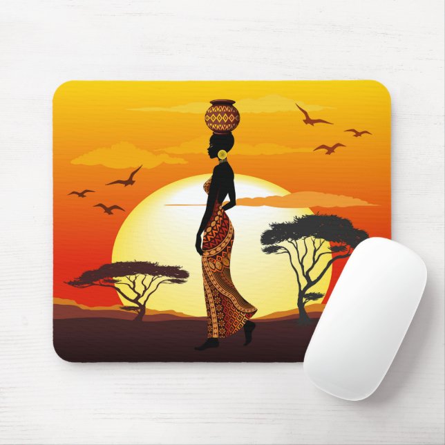 African Beautiful Woman Silhouette on African Suns Mouse Mat (With Mouse)