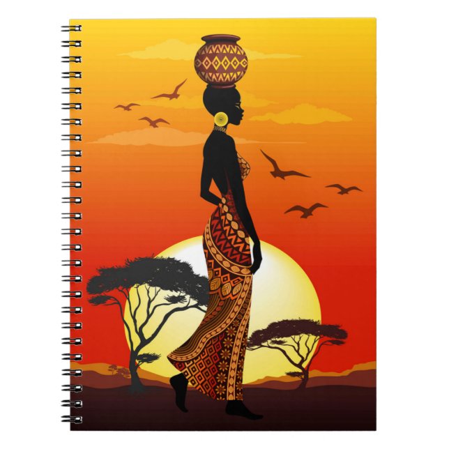 African Beautiful Woman Silhouette on African Suns Notebook (Front)