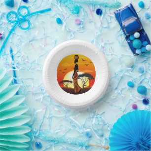 African Beautiful Woman Silhouette on African Suns Paper Plate