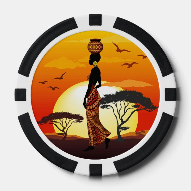 African Beautiful Woman Silhouette on African Suns Poker Chips (Front)
