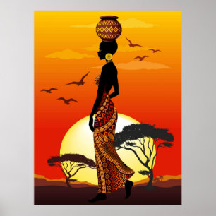 African Beautiful Woman Silhouette on African Suns Poster