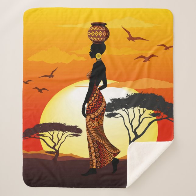 African Beautiful Woman Silhouette on African Suns Sherpa Blanket (Front)