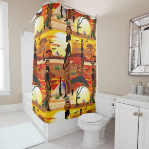 African Beautiful Woman Silhouette on African Suns Shower Curtain