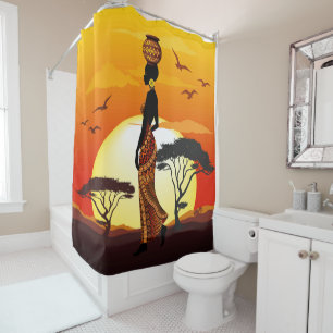 African Beautiful Woman Silhouette on African Suns Shower Curtain