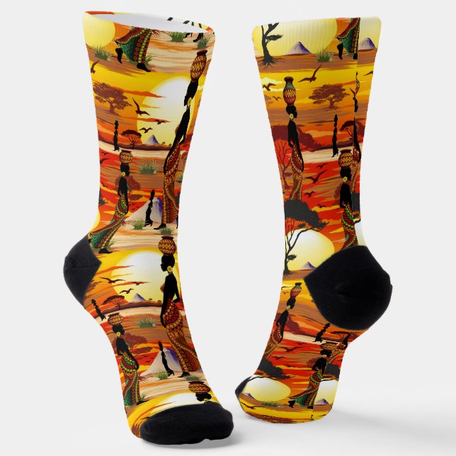 African Beautiful Woman Silhouette on African Suns Socks (Angled)