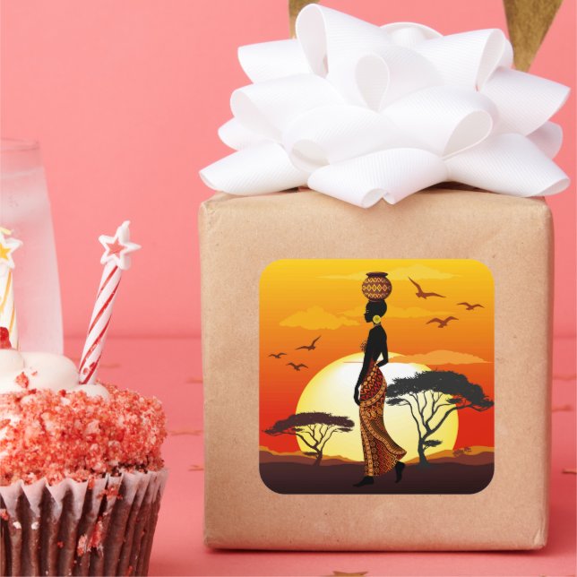 African Beautiful Woman Silhouette on African Suns Square Sticker (Party)