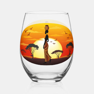 African Beautiful Woman Silhouette on African Suns Stemless Wine Glass