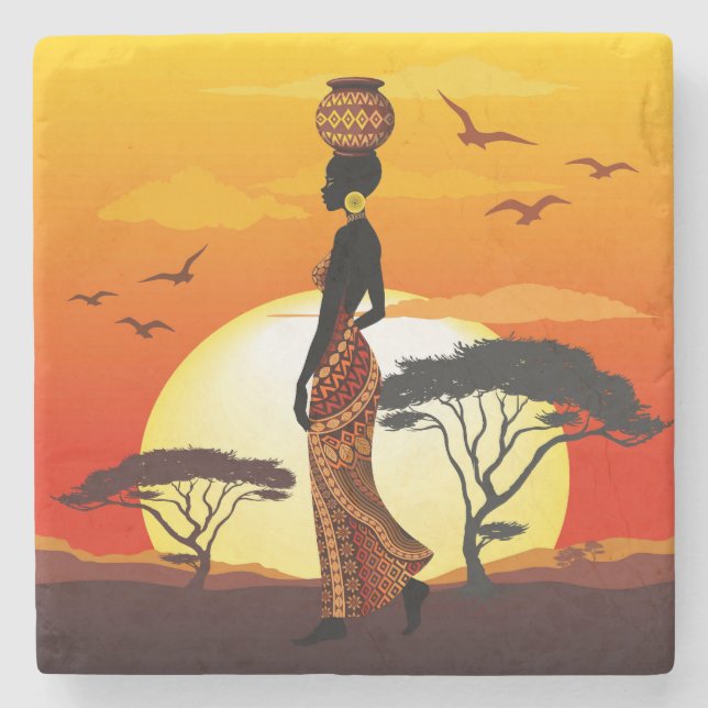 African Beautiful Woman Silhouette on African Suns Stone Coaster (Front)