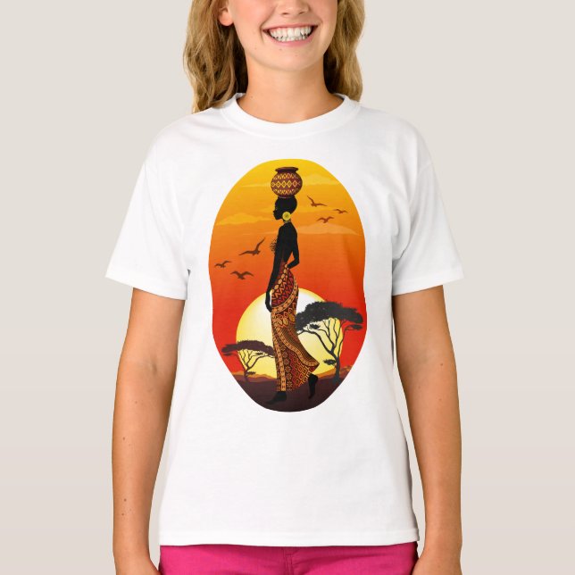 African Beautiful Woman Silhouette on African Suns T-Shirt (Front)
