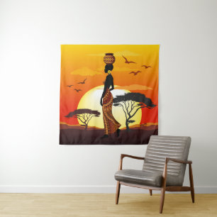 African Beautiful Woman Silhouette on African Suns Tapestry