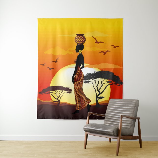 African Beautiful Woman Silhouette on African Suns Tapestry (In Situ)