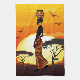 African Beautiful Woman Silhouette on African Suns Tea Towel