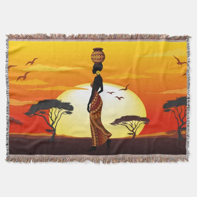 African Beautiful Woman Silhouette on African Suns Throw Blanket (Front)