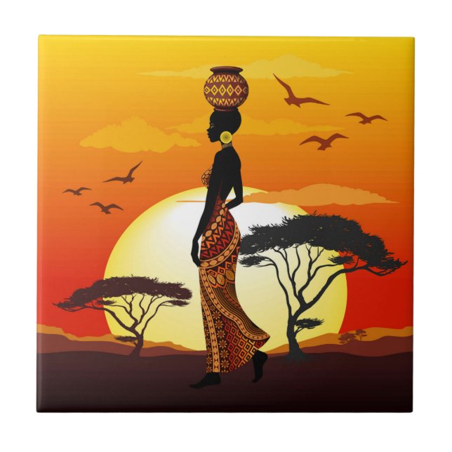 African Beautiful Woman Silhouette on African Suns Tile (Front)